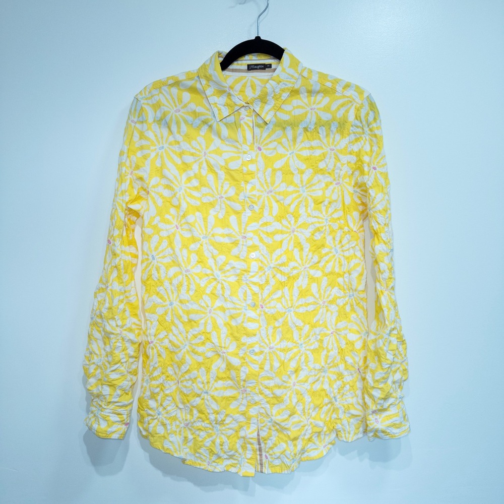 J. McLaughlin Yellow Floral Lois‎ Crinkle Button Up Shirt Size Medium